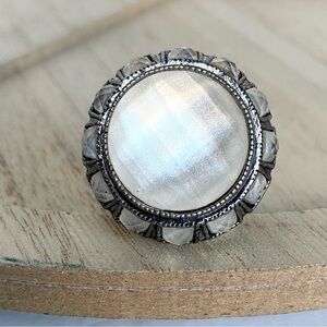 Large Round Multifaceted Checkerboard Cut Ring Silver Tone Hammer Textured Ring